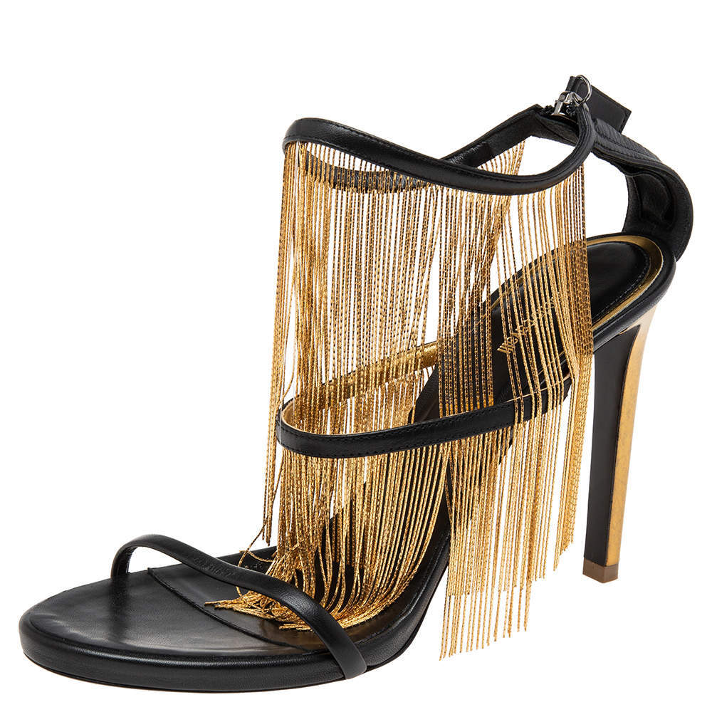 Roberto Cavalli Black Leather Gold Chain Fringed Heels Sandals Women's Size 6.5